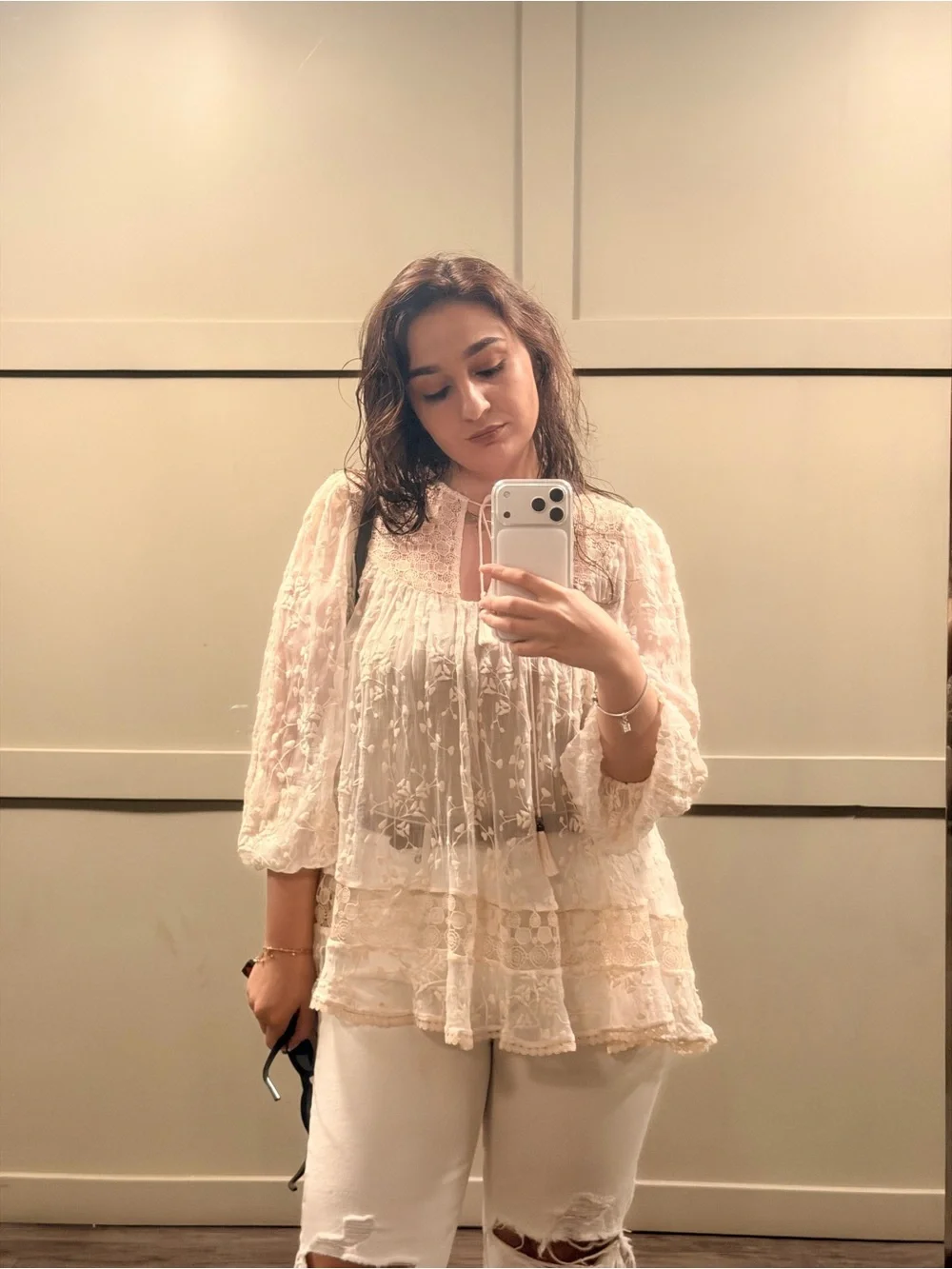 Zimmermann Cream Embroidered Lace Peasant Blouse with Tassel Tie